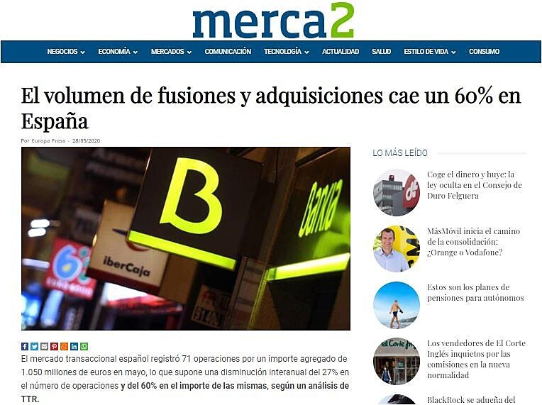 El volumen de fusiones y adquisiciones cae un 60% en Espaa